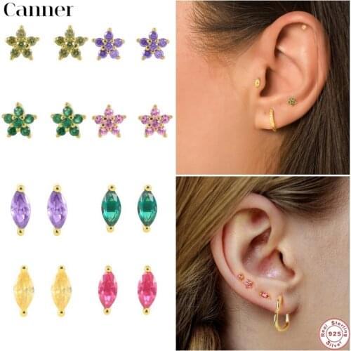 CANNER 925 Sterling Silver Flower Petals Colored Diamond Snowflake Stud Earrings Women Simple Wedding Gifts Jewelry Accessories