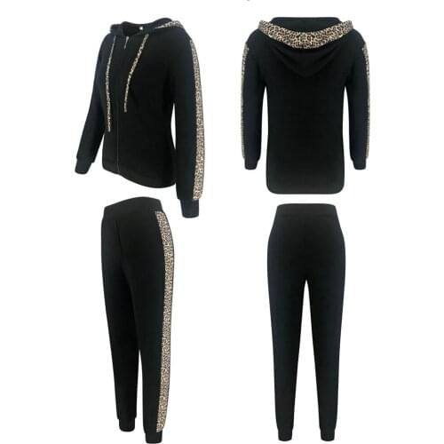 Womens Casual Set 2 Pieces Leopard Print Slim Pullover Hoodie Zipper Top Elastic Band Pant Sport Crop