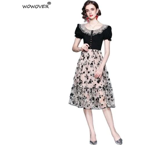 Elegant Lace Collar Patchwork Embroidery Mesh Dress Summer Woman Clothes Short Sleeve Vintage Empire Midi Party Sweet Vestidos