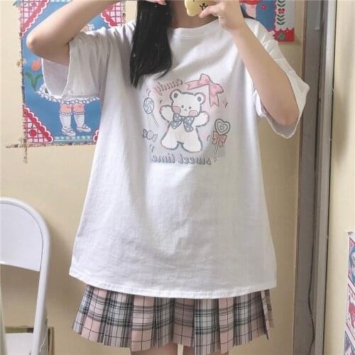 2021 Summer JK College Comic Soft Girls Short Sleeve T-shirt Japanese Kawaii Cartoon Printed Loose Round Neck Women Slim Tee