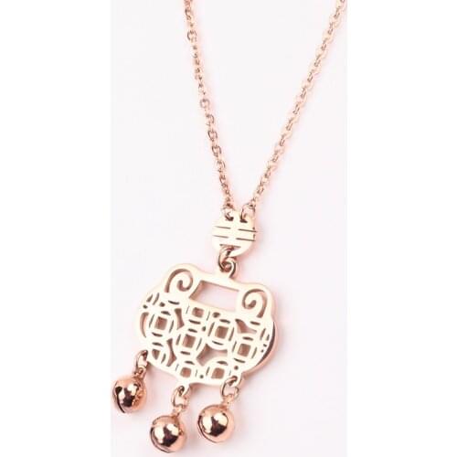 Longevity Lock Bells Pendant Amulet Necklace Rose Gold Titanium Steel Retro Jewelry Women Birthday-Gift Mothers Day Gift(GN230)