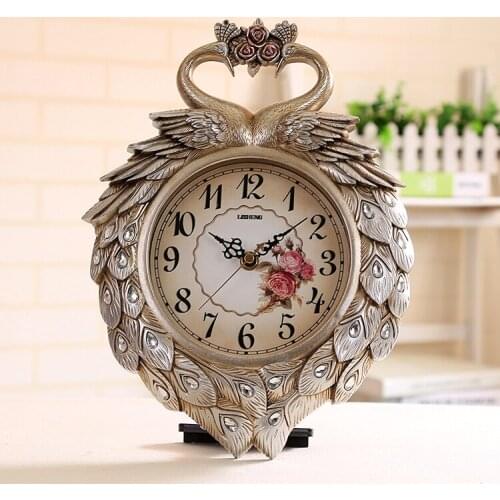 Free Shipping Vintage Wall Clock Refined Twin Peacocks Table Clock Retro Home Decor Single Face Quartz Mute ABS