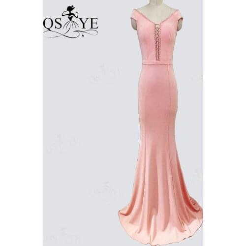 Long Pink Evening Dress Mermaid Cap Sleeves Prom Gown V neck Stretch Party Dress Lace Tie Formal Dress Backless Women Slim Gown