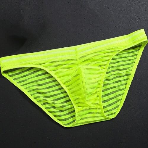 Mens Sexy See-through Ice Silk Briefs Mesh Sheer Pouch Stretchy Seamless Panties Transparent Stripes Thin Thongs Underwear