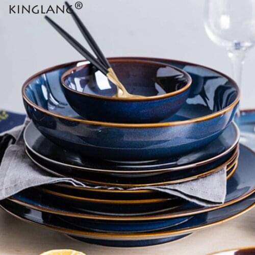 KINGLANG Ceramic Plate and Bowl Sets Deep Blue Color Retro Glazed Dinnerware Set Porcelain Dish Plate Salad Big Soup Bowl