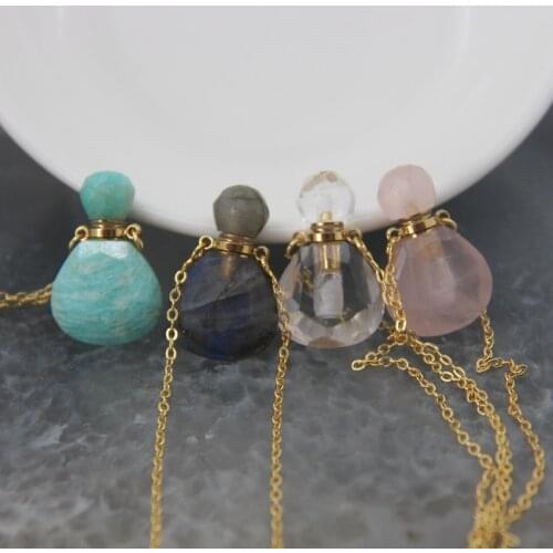 Drop Shape Mini Perfume Bottle Semi-precious Pendant Necklace,Reiki Heal Essential Oil Diffuser Vial Keepsake Memorial Jewelry