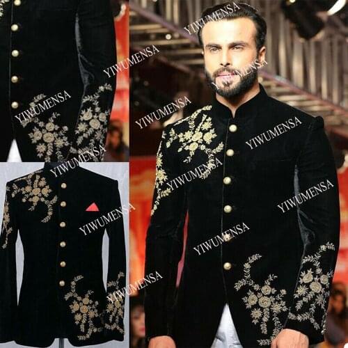 YIWUMENSA Black Velvet Gold Beaded Applique Mens Jacket Suits Custom Made Single Breasted High Collar Coat Groom Blazer Tuxedos