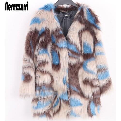 Nerazzurri Multicolor faux fur coat women drop shoulder Winter thick warm furry faux fur jacket women v neck Korean fashion xxl
