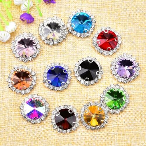 New 15pcs Silver Buttom Clear Crystal Rhinestones Mix Color Glass 16mm Satellite RoundClaw Sewing For Clothing Wedding Dress DIY