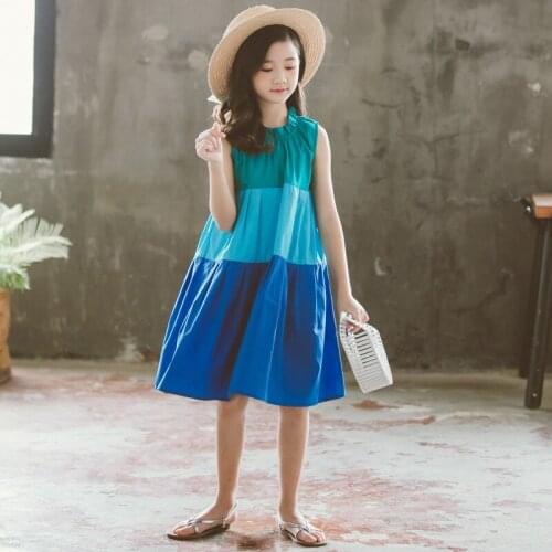 Girls Dress Contrast Stitching Lace For Kids Neckline Sleeveless Contrast Stitching Dress Summer Teen kids Beach Holiday Dress