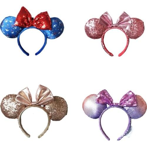 Disney Original Headband Plush Toy Mickey Minnie Colorful Bow-knot Authentic Sequin Ears Costume Cosplay