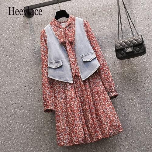Plus Size Women Korean Spring Autumn 2 Pieces Set women denim Vest And Long Sleeve Flowers print pleated Dress Suit Dresses Set