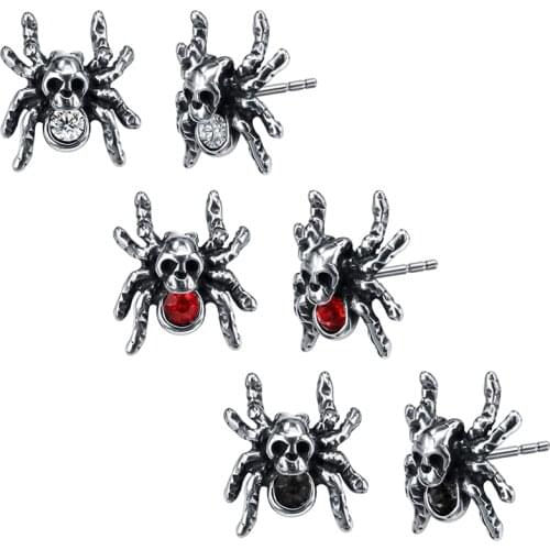 ZS Punk Stud Earrings Skull Spider Shape Stainless Steel Earring for Men Women Hip Hop Red Stone Earrings with 3 color Zirconia