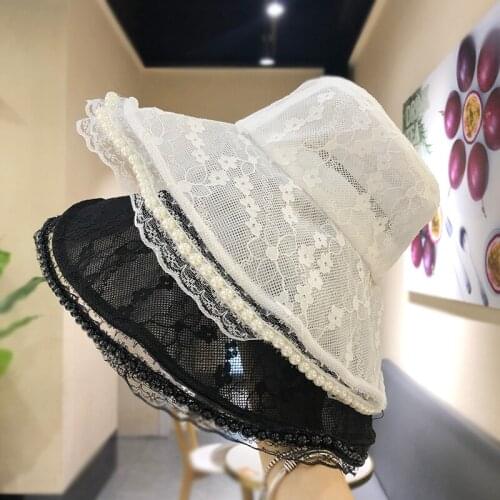 Korean Fashion Lace Pearl Wide Brim Hat Fisherman Hat For Women Female Summer Beach Sun Hat Sunscreen White Black Hat Bucket Cap