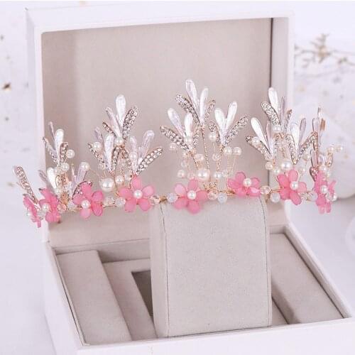 Handmade Sweet Pink Flower Tiara Crowns Branch Bridal Wedding Diadema Hair Tiaras Decoration Accessories LB