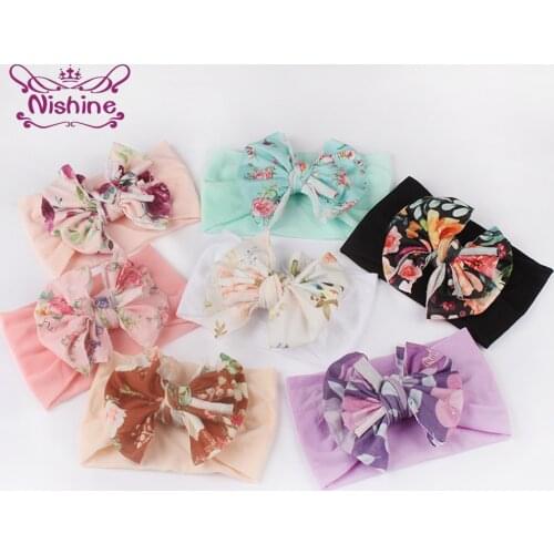 Nishine Toddler Comfortable Soft Nylon Hairband Fashion Print Bowknot Elastic Headband Children Bows Headwear Photography Props