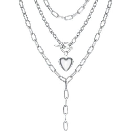 Vintage Heart Peach Butterfly Pendant Necklace Silver Color Long Multilayer Chain Necklaces for Women Hip Hop Jewelry Gift