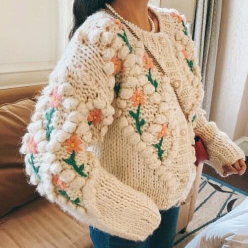 Vintage Handmade Floral Embroidered Sweater Coat Wool Balls Knitted Cardigan 3D Crocheted Single-breasted Jacket Sueter Mujer