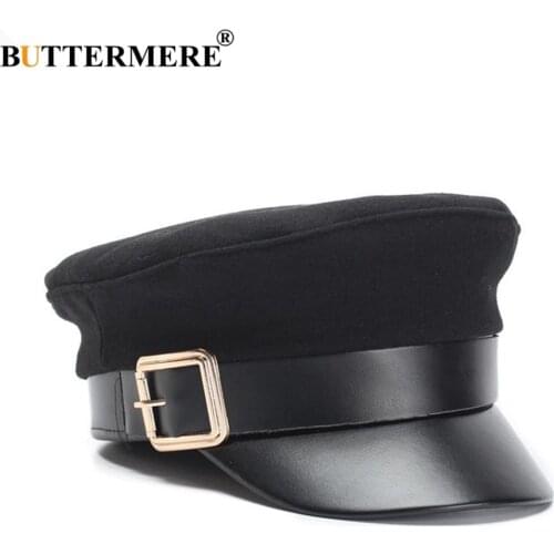 BUTTERMERE Military Hat Women Army Cap Woolen Patchwork Leather Black Baker Boy Hat Spring Autumn Brand Sailor Flat Top Hat