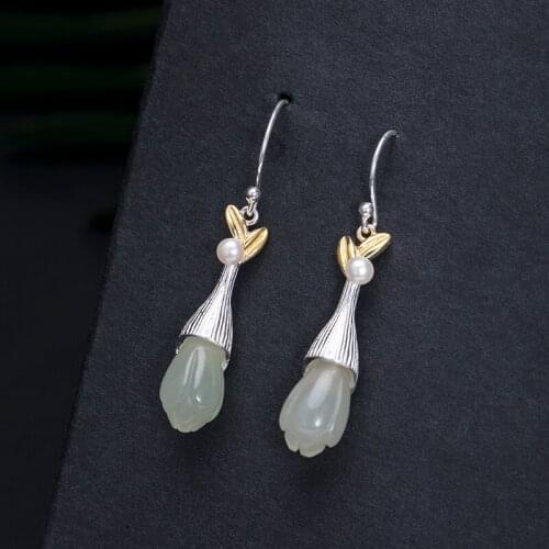 925 Sterling Silver Vintage palace design Hetian magnolia earrings female creative flowers drop earrings Fashion Lady Gift