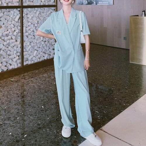 New Women Summer Loose Women Pants Suits Short Sleeve Blazers And Wide Leg Pants Fashion 2 Piece Set Office Casual Lady Sets