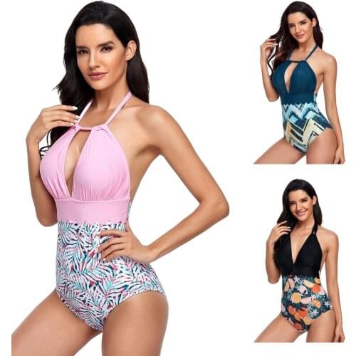 Plus Size Deep V-neck Halter One-Piece Swimsuit Sexy Backless Lace Up Women Monokini 2021 Beach Bathing Suits Swimwear Two Style
