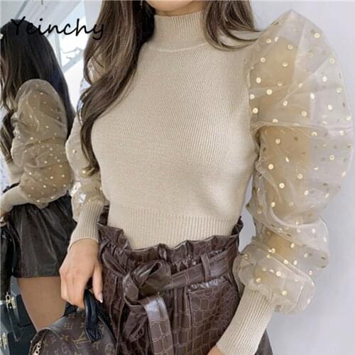Yeinchy women high neck long Puff see through dots sleeve mesh knitted autumn winter top FM6225