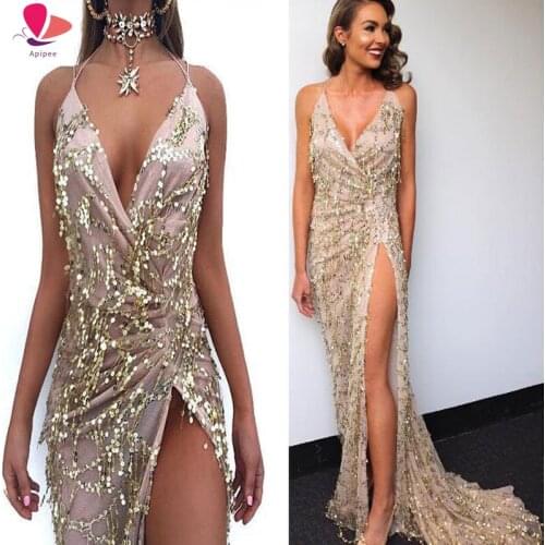 2019 Fashion Autumn Winter Clothing Ladies Sequins Sleeveless V-neck Shiny Dress Slim Club Sexy Party Dress Women Vestidos