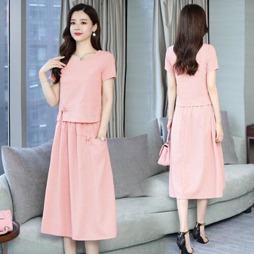 Large Size Dress Female Two-Piece Set 2021 Summer New Style Cotton Short-Sleeved Top Loose Suit Skirt Literary Long Skirt Women