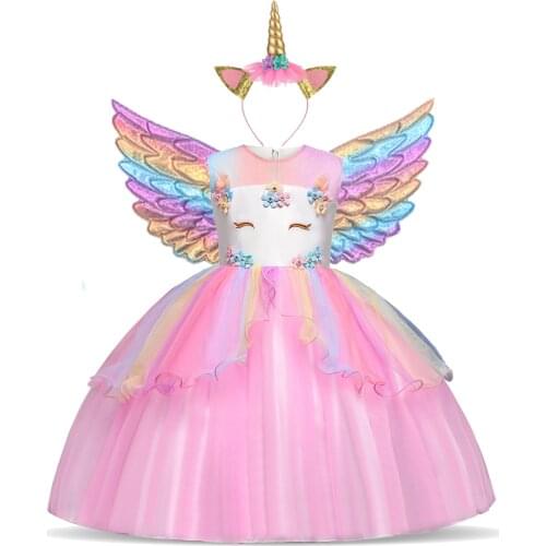 2021 Christmas Girls Unicorn Dress with Hairband Baby Girl Princess Birthday Party Ball Gown Party Dress Kids Horse Clothes