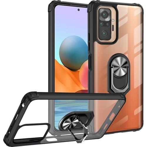 Military Acrylic Armor Shockproof Case For Xiaomi Redmi Note 10 Pro Max Magnetic Metal Ring Stand Holder Transparent Back Cover