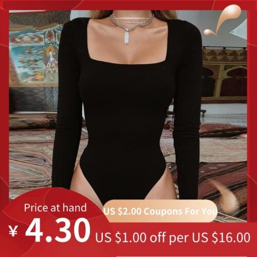 Bodysuit Long Sleeve Women Body streetwear dropshipping Forefair Sexy Bodycon Square Neck Sheath Crotch Basic Black Overalls Top