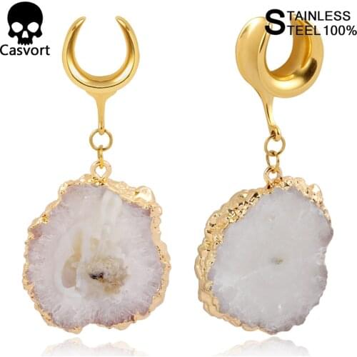 Casvort 2 PCS Stainless Steel Saddle Hangers Natural Stone Ear Weights Gauges Flesh Tunnels Plugs Piercing Body Jewelry