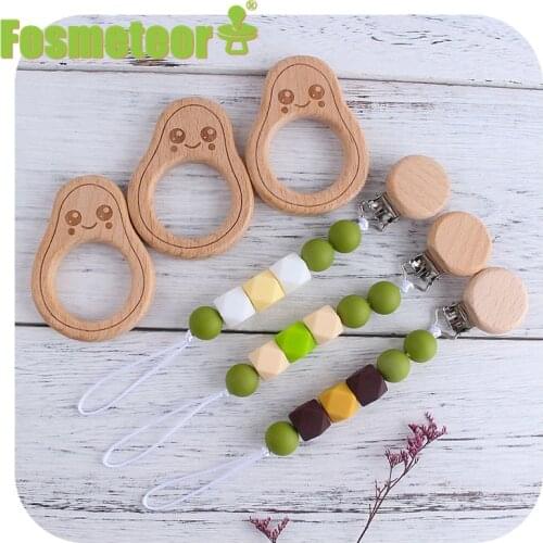Fosmeteor Baby Beech Wooden Pacifier Clip Wooden Teether Baby Teething Toys Cartoon Avocado Pacifier Chain Baby Gifts