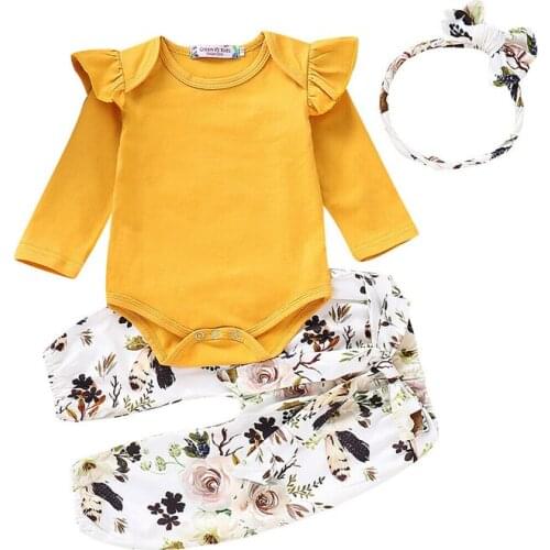 2020 New Infant Baby Boys Girls Long Sleeve Romper Tops Floral Pants Headbands Outfits Set roupa menina roupa de bebe terno