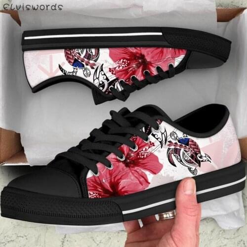 ELVISWORDS Polynesian Hibiscus Turtles Tribal Design Comfort Womens Walking Shoes Casual Ladies Low Top Canvas Vulcanized Shoes