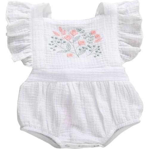 Newborn Baby Girls Ruffle lovely Embroidered Flower Jumpsuit Cotton Bodysuit Outfits Summer Clothes Sunsuit