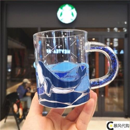 Summer 355ml Glass Mug Blue Whale Glass 12 oz Blue Diamond Handle Embossed Mug Color Diamond Coffee Cup