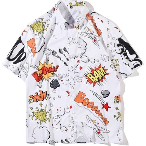 2020 New Arrival Men Shirt Chemise Homme Loose Summer Graffiti Printing White Cardigan Lapel Short Sleeve Cotton Casual Shirts