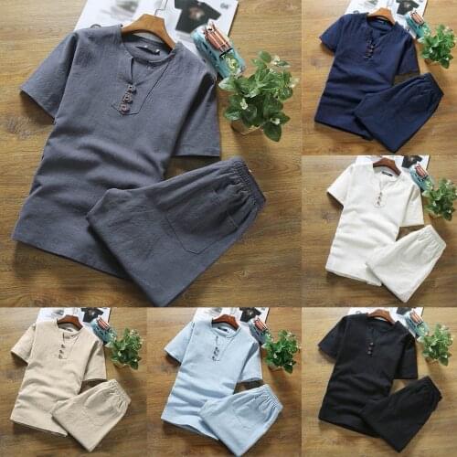 2021 Mens Cotton Linen Set Solid Color Short-sleeved T-shirt Large Size Casual Set High Quality Simple Fashion Shirt Short Set