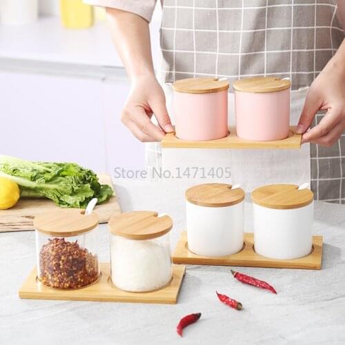 Ceramic Spice Box Set Household Glass Seasoning Jar Combination Chili Salt Shaker Kitchen Seasoning Bottle 2 Piece Set