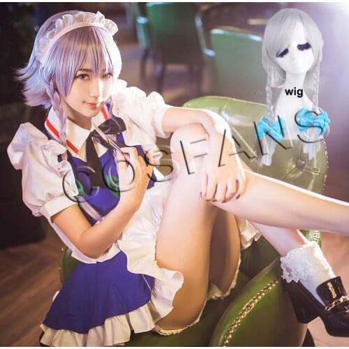 New Anime TouHou Project Izayoi Sakuya Cosplay Costume Apron Maid Dress Outfit Halloween Costumes for Women Custom Any Size wig