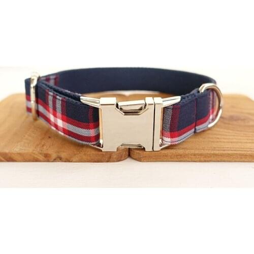 Dog Collar and Leash Set Blue Red Plaid Custom Engrave Name Dog Collars Quick Lease Metal Hardware Pet Collar Big