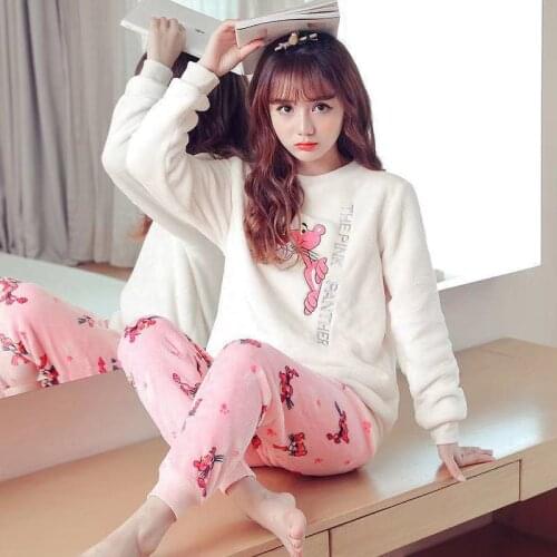 Pajamas For Women New Autumn And Winter Warm Flannel Womens Pajamas Set Thick Coral Fleece Long-Sleeved Cartoon Pajamas Set