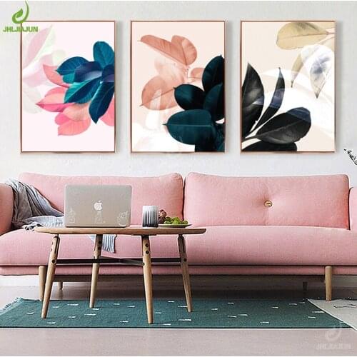 JHLJIAJUN Canvas print Pink Leaves Nordic Posters Picture Kitchen Watercolor Wall Art Canvas Poster Wall Living Room Home Decor