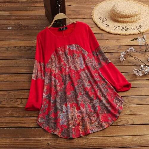 ZANZEA Spring Long Sleeve Patchwork Shirt Women Vintage Blouse Casual Loose Tunic Tops Femme Robe Blusas Chemise Plus Size Mujer