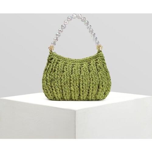 Hand Woven Green Handbags Women New Design Luxury Knitted Crystal Beaded Handle Hobos Evening Clutch Bags Chic INS Shoulder Bags