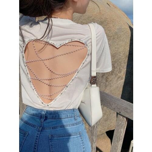 White heart hollow pearl summer top t shirt Short sleeve o neck casual top streetwear One size women clothing korean fashion