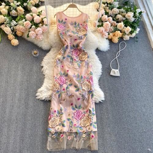 Women Retro Spring New Fashion Round Neck Sleeveless Mesh Flower Embroidery Hook Flower A-line Elegant Dress Vestidos R222