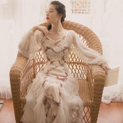 2019 new fashion womens dresses Summer popular French vintage mesh embroidered seaside beach holiday dress